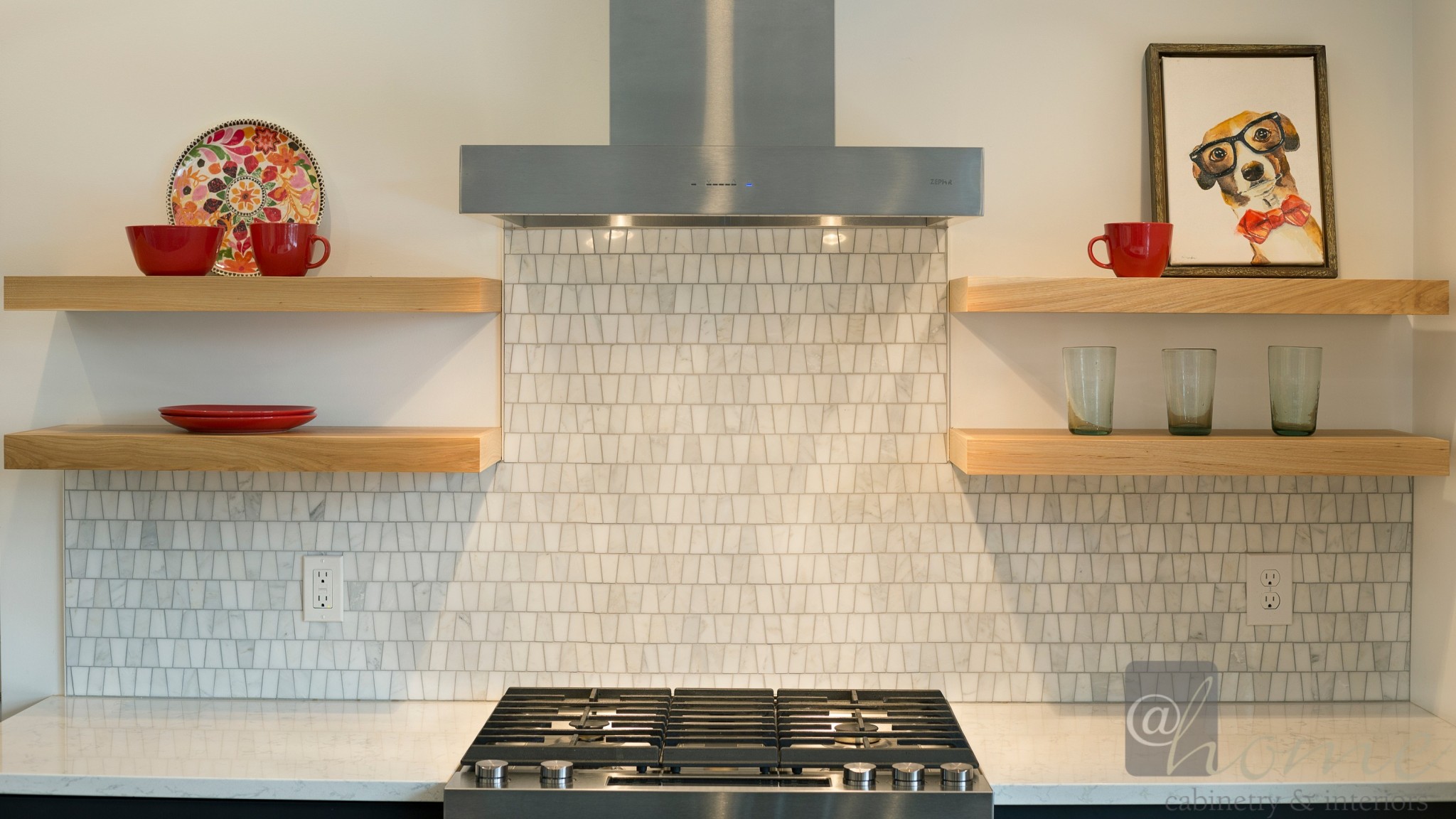 range hood and floating shelves